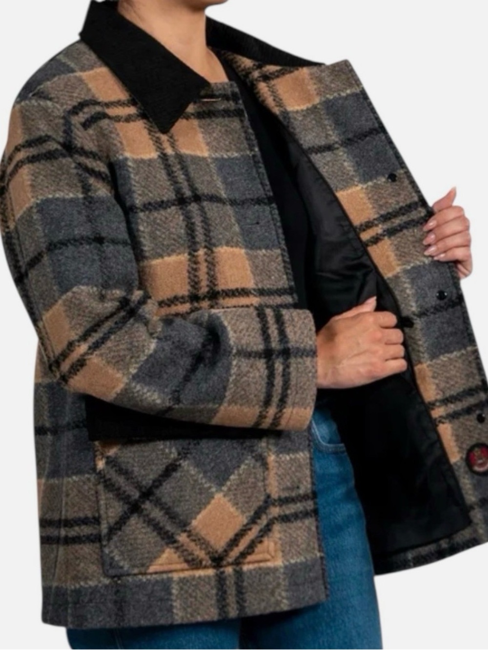Pendleton Women’s plaid Barn Coat Camel and Gray with Black Trim - Picture 4 of 4